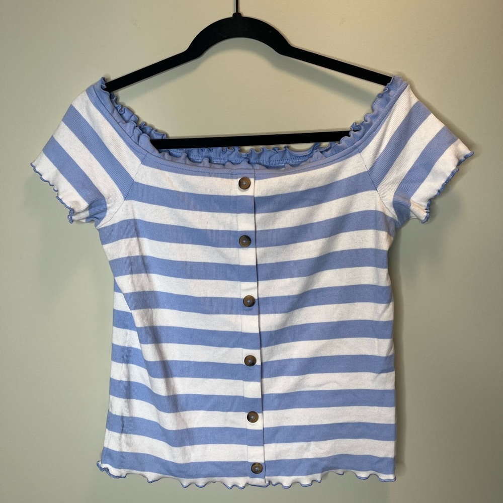Striped Off-Shoulder Cropped Button-Up Top